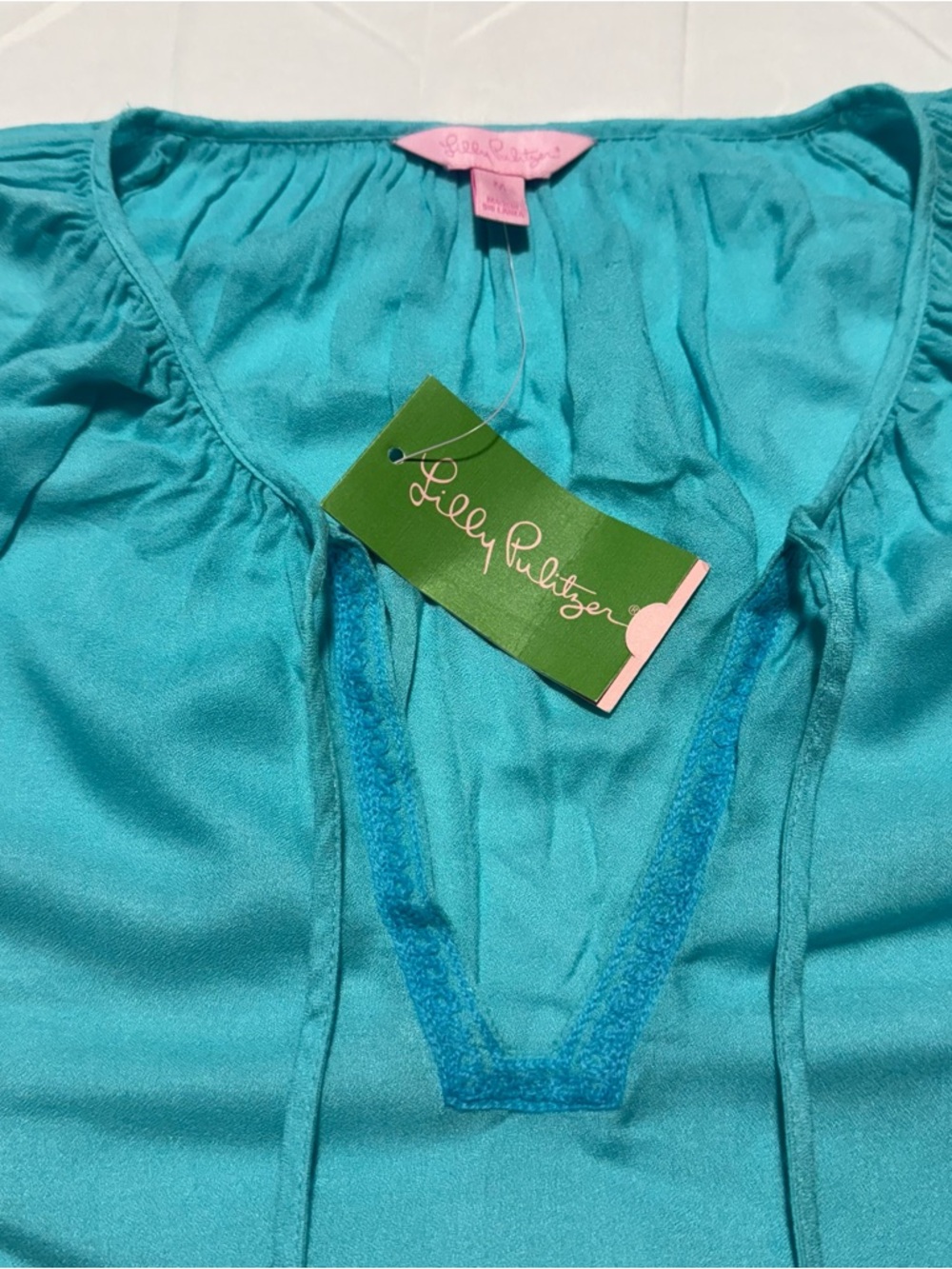 Lilly Pulitzer Willa Embroidered Top Seaside Aqua Size M Tassel Boho Blouse NWT